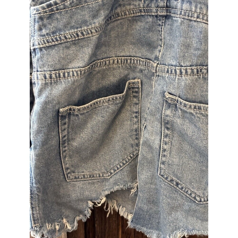 FREE PEOPLE Size 2 Blue Denim Overall Dress Frayed Mini Dress Y2k festival boho - Picture 5 of 11